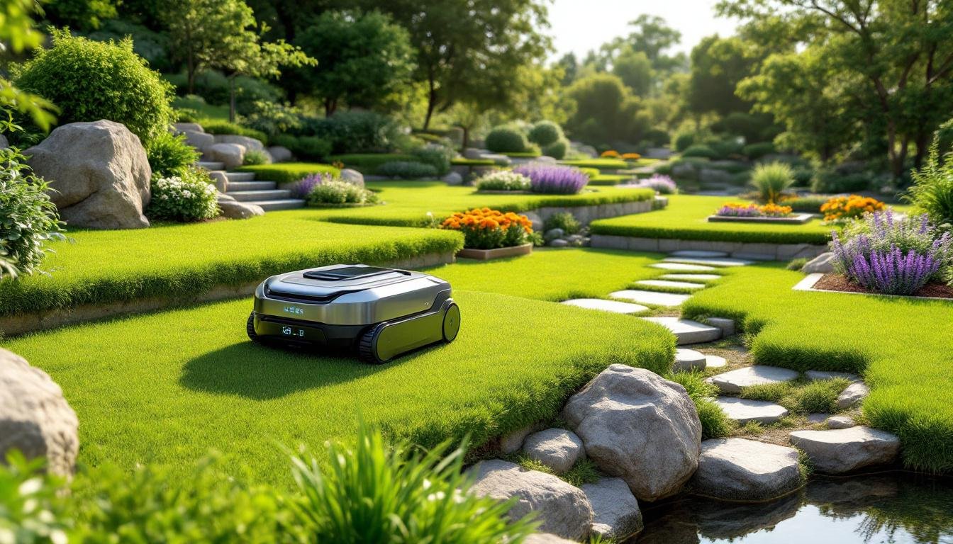 découvrez notre tondeuse autonome conçue pour entretenir efficacement les terrains avec pentes multiples, offrant performance et sécurité pour un gazon parfaitement entretenu.